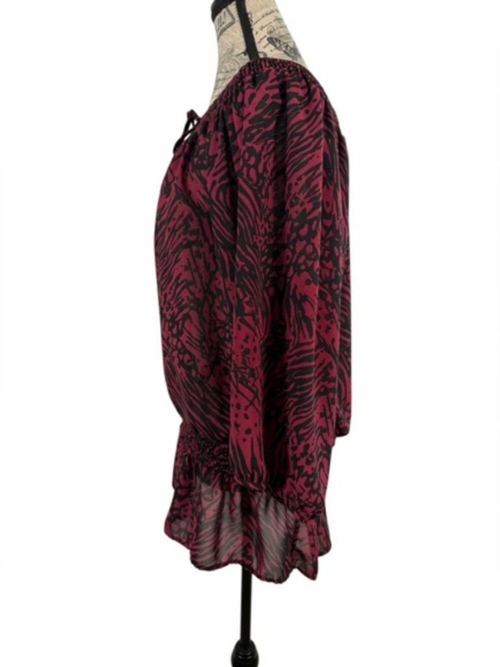 Miss Tina Tina Knowles Cranberry Zebra Print Peasant Blouse L Boho Peplum - Picture 6 of 9